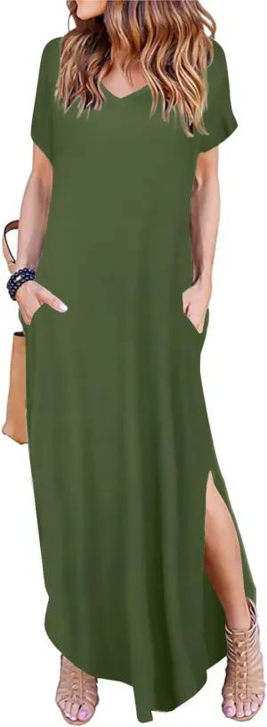 Arolina Women's Summer Maxi Dress Short Sleeve V Neck Casual Loose Long Beach Split Dresses with Pockets