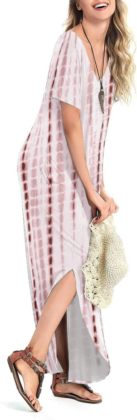 Arolina Women's Summer Maxi Dress Short Sleeve V Neck Casual Loose Long Beach Split Dresses with Pockets