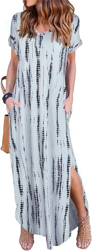 Arolina Women's Summer Maxi Dress Short Sleeve V Neck Casual Loose Long Beach Split Dresses with Pockets