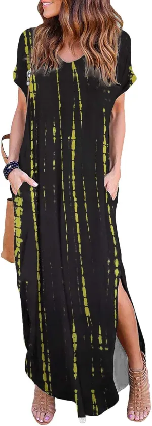 Arolina Women's Summer Maxi Dress Short Sleeve V Neck Casual Loose Long Beach Split Dresses with Pockets