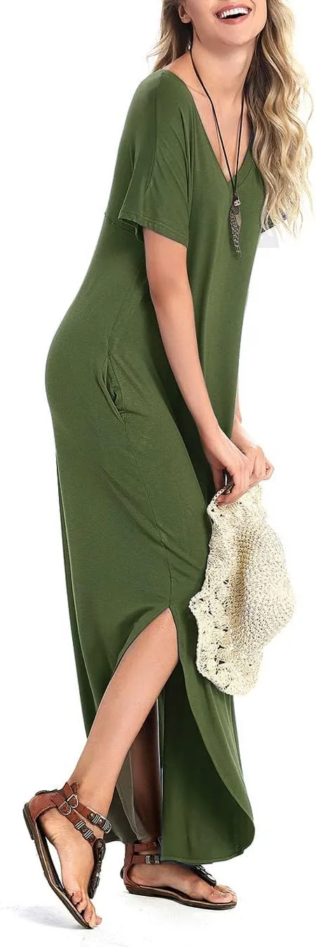Arolina Women's Summer Maxi Dress Short Sleeve V Neck Casual Loose Long Beach Split Dresses with Pockets