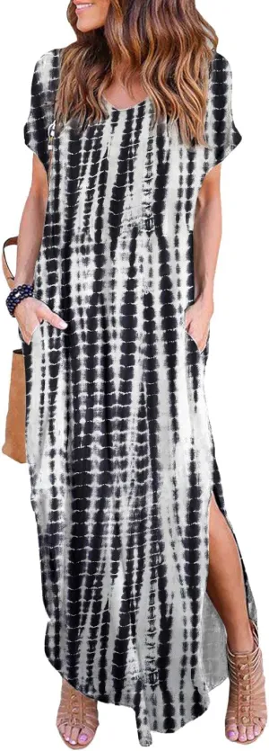 Arolina Women's Summer Maxi Dress Short Sleeve V Neck Casual Loose Long Beach Split Dresses with Pockets