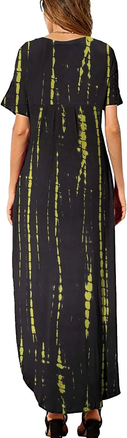 Arolina Women's Summer Maxi Dress Short Sleeve V Neck Casual Loose Long Beach Split Dresses with Pockets
