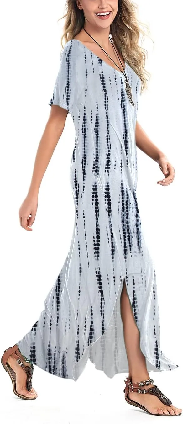 Arolina Women's Summer Maxi Dress Short Sleeve V Neck Casual Loose Long Beach Split Dresses with Pockets
