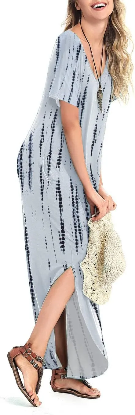 Arolina Women's Summer Maxi Dress Short Sleeve V Neck Casual Loose Long Beach Split Dresses with Pockets