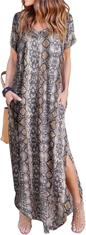 Arolina Women's Summer Maxi Dress Short Sleeve V Neck Casual Loose Long Beach Split Dresses with Pockets
