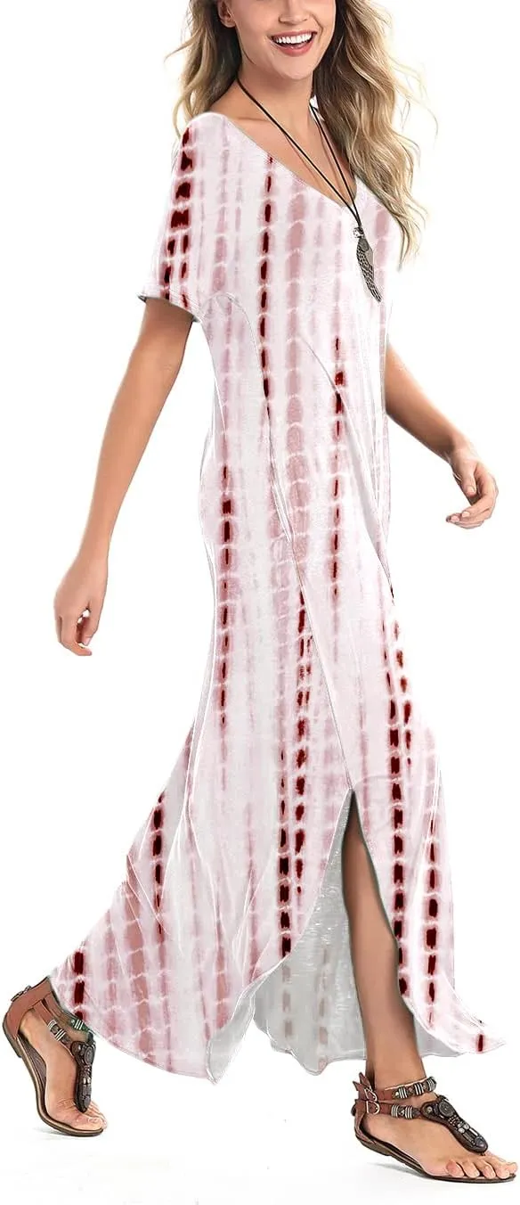 Arolina Women's Summer Maxi Dress Short Sleeve V Neck Casual Loose Long Beach Split Dresses with Pockets