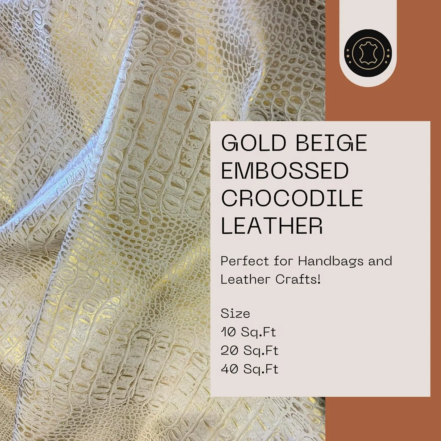 ArtisanCowhides Genuine Crocodile Embossed Cowhide Leather for Crafts Projects– Beige Gold 10 SqFt - 3.0-3.5 oz