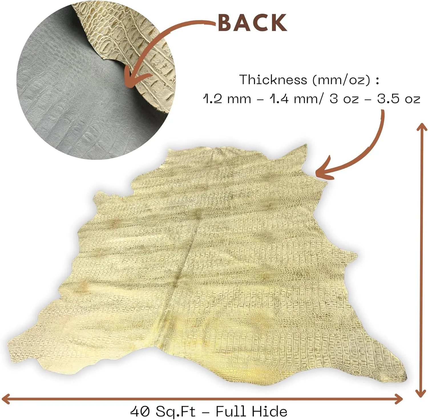 ArtisanCowhides Genuine Crocodile Embossed Cowhide Leather for Crafts Projects– Beige Gold 10 SqFt - 3.0-3.5 oz