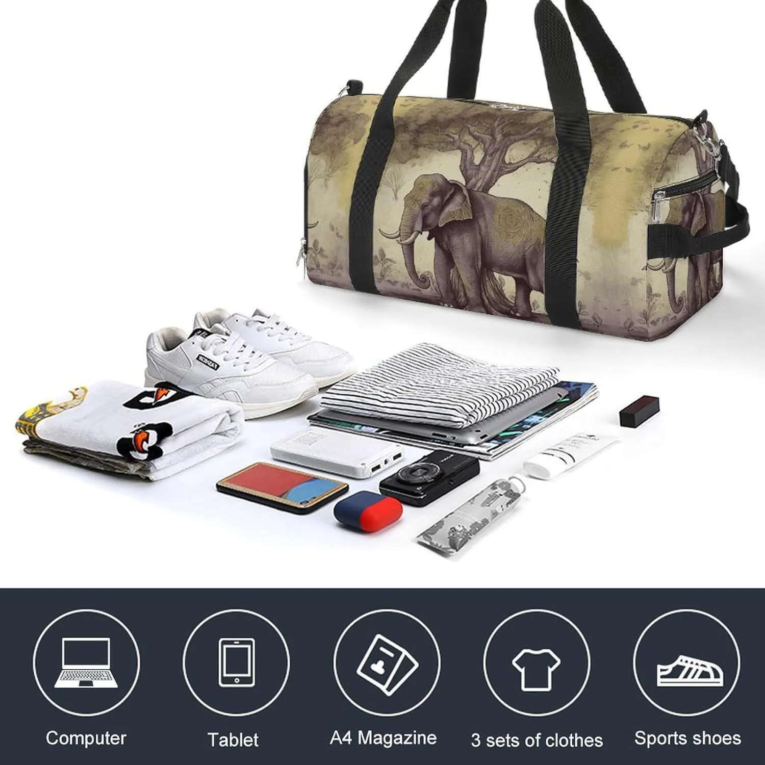 Asian Elephant with Tree Sports Gym Bag Carry on Holdalls for Men Small Duffel Bags for Women with Shoe Compartment