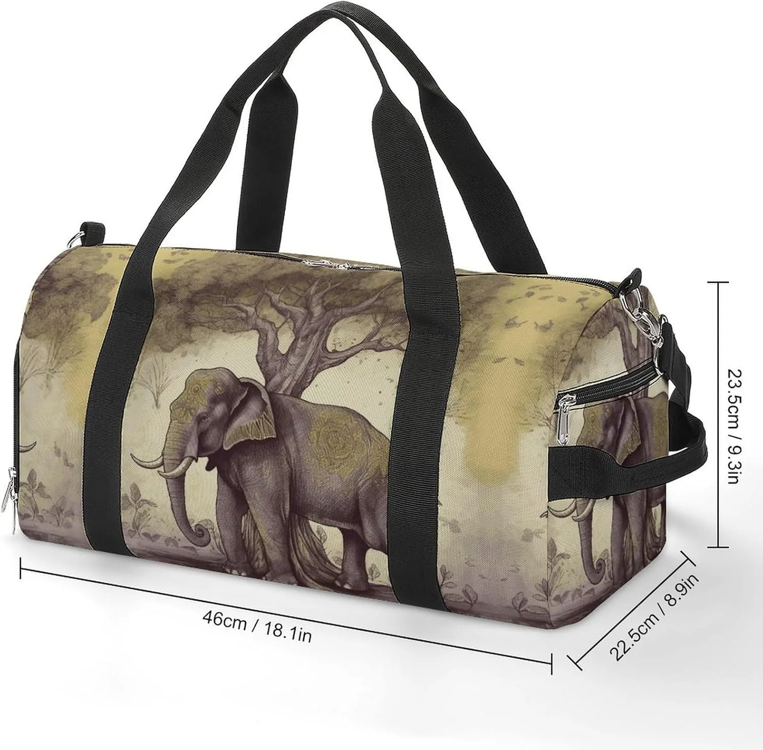 Asian Elephant with Tree Sports Gym Bag Carry on Holdalls for Men Small Duffel Bags for Women with Shoe Compartment