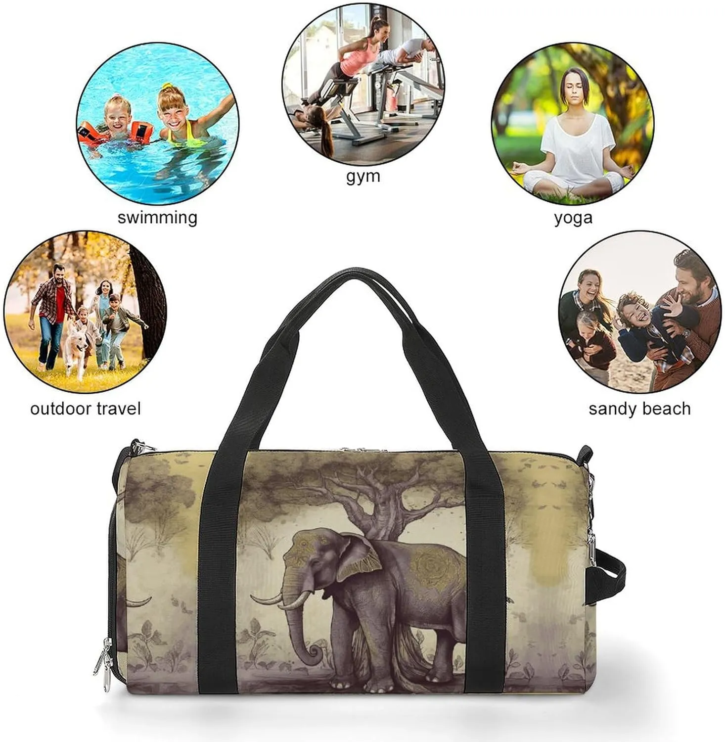 Asian Elephant with Tree Sports Gym Bag Carry on Holdalls for Men Small Duffel Bags for Women with Shoe Compartment