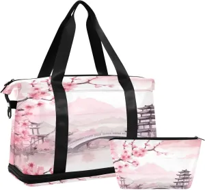 Asian Style Pink Duffel Bag Lightweight Carry On Gym Bags for Travel and Weekends, Versatile Overnight Bag with Shoe Compartment