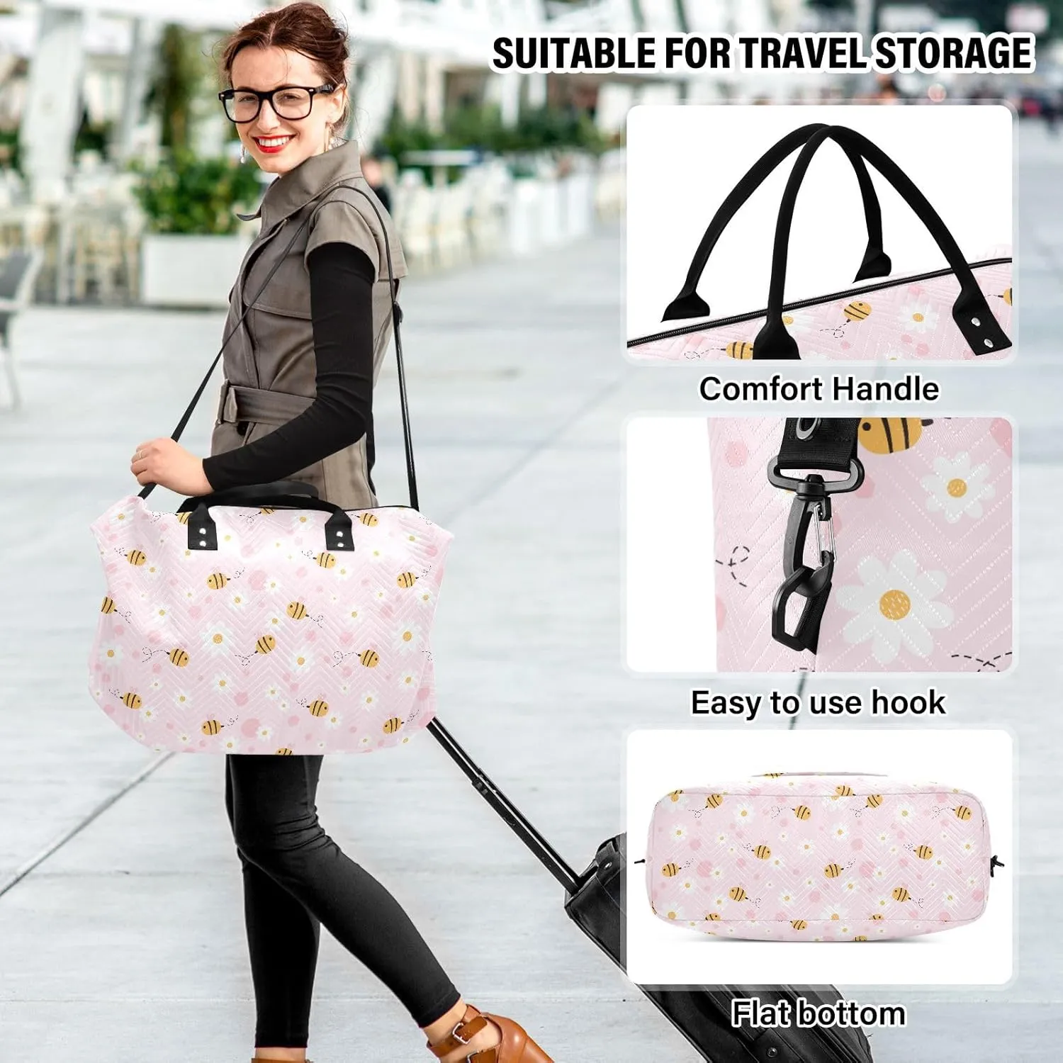 Aslsiy Travel Duffel Bags for Women Bee Cartoons Daisy Sports Duffel Bags Pink Honeycomb Weekender Bags Gym Bag with Toiletry Bag Carry on Overnight Bag