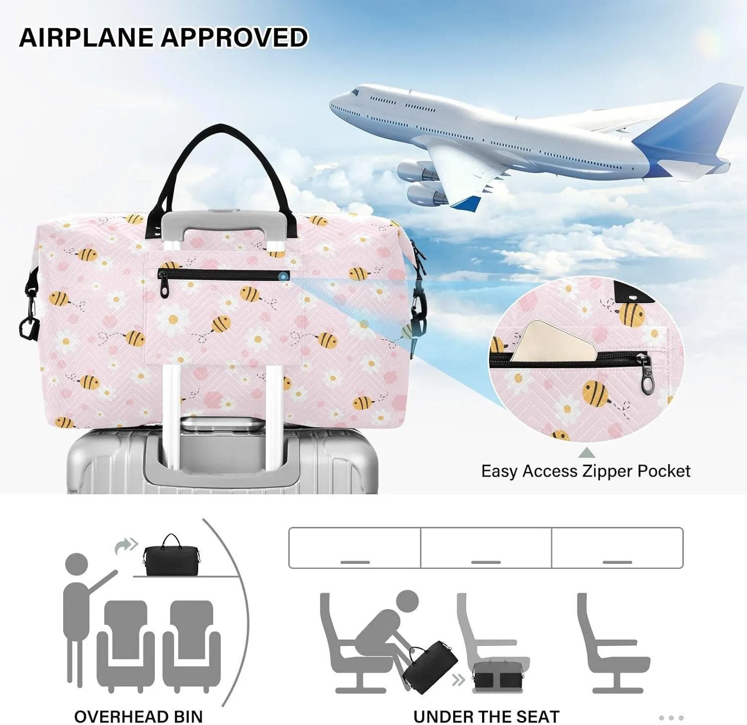 Aslsiy Travel Duffel Bags for Women Bee Cartoons Daisy Sports Duffel Bags Pink Honeycomb Weekender Bags Gym Bag with Toiletry Bag Carry on Overnight Bag