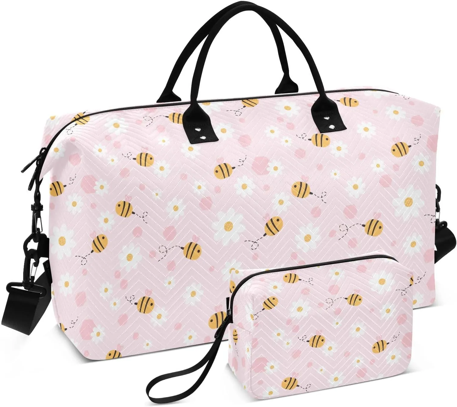 Aslsiy Travel Duffel Bags for Women Bee Cartoons Daisy Sports Duffel Bags Pink Honeycomb Weekender Bags Gym Bag with Toiletry Bag Carry on Overnight Bag