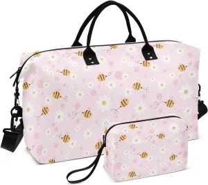 Aslsiy Travel Duffel Bags for Women Bee Cartoons Daisy Sports Duffel Bags Pink Honeycomb Weekender Bags Gym Bag with Toiletry Bag Carry on Overnight Bag