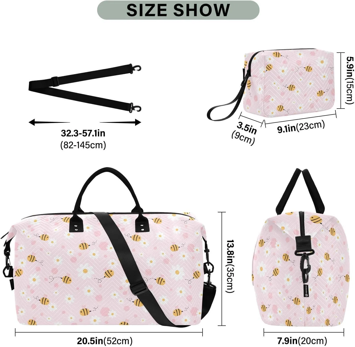 Aslsiy Travel Duffel Bags for Women Bee Cartoons Daisy Sports Duffel Bags Pink Honeycomb Weekender Bags Gym Bag with Toiletry Bag Carry on Overnight Bag