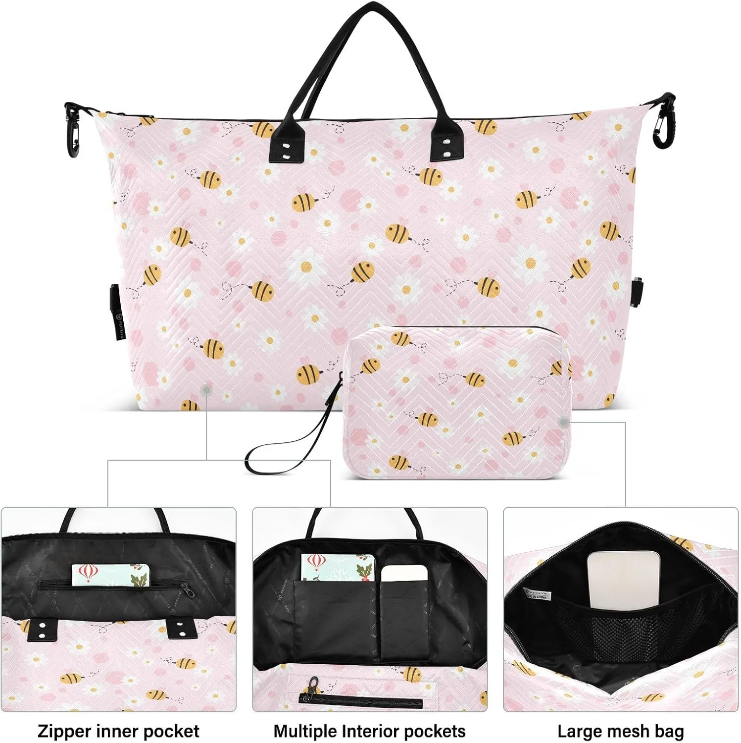 Aslsiy Travel Duffel Bags for Women Bee Cartoons Daisy Sports Duffel Bags Pink Honeycomb Weekender Bags Gym Bag with Toiletry Bag Carry on Overnight Bag