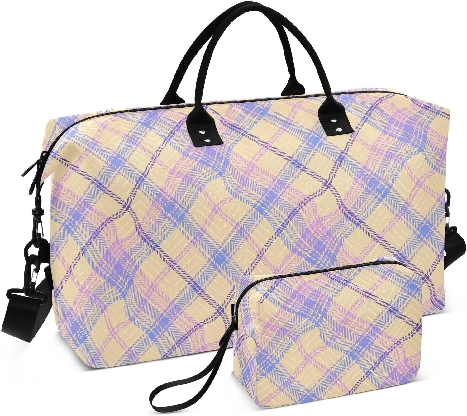 Aslsiy Travel Duffel Bags for Women Check Plaid Khaki Sports Duffel Bags Visual Illusion Weekender Bags Gym Bag with Toiletry Bag Carry on Overnight Bag