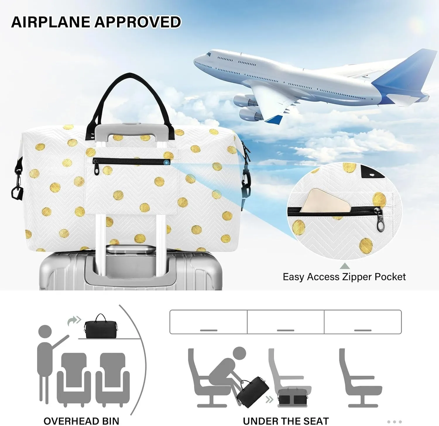 Aslsiy Travel Duffel Bags for Women Gold Dots Weekender Bags White Sports Duffel Bags Gym Bag with Toiletry Bag Carry on Overnight Bag