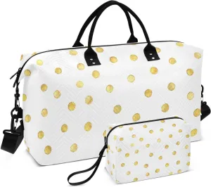 Aslsiy Travel Duffel Bags for Women Gold Dots Weekender Bags White Sports Duffel Bags Gym Bag with Toiletry Bag Carry on Overnight Bag