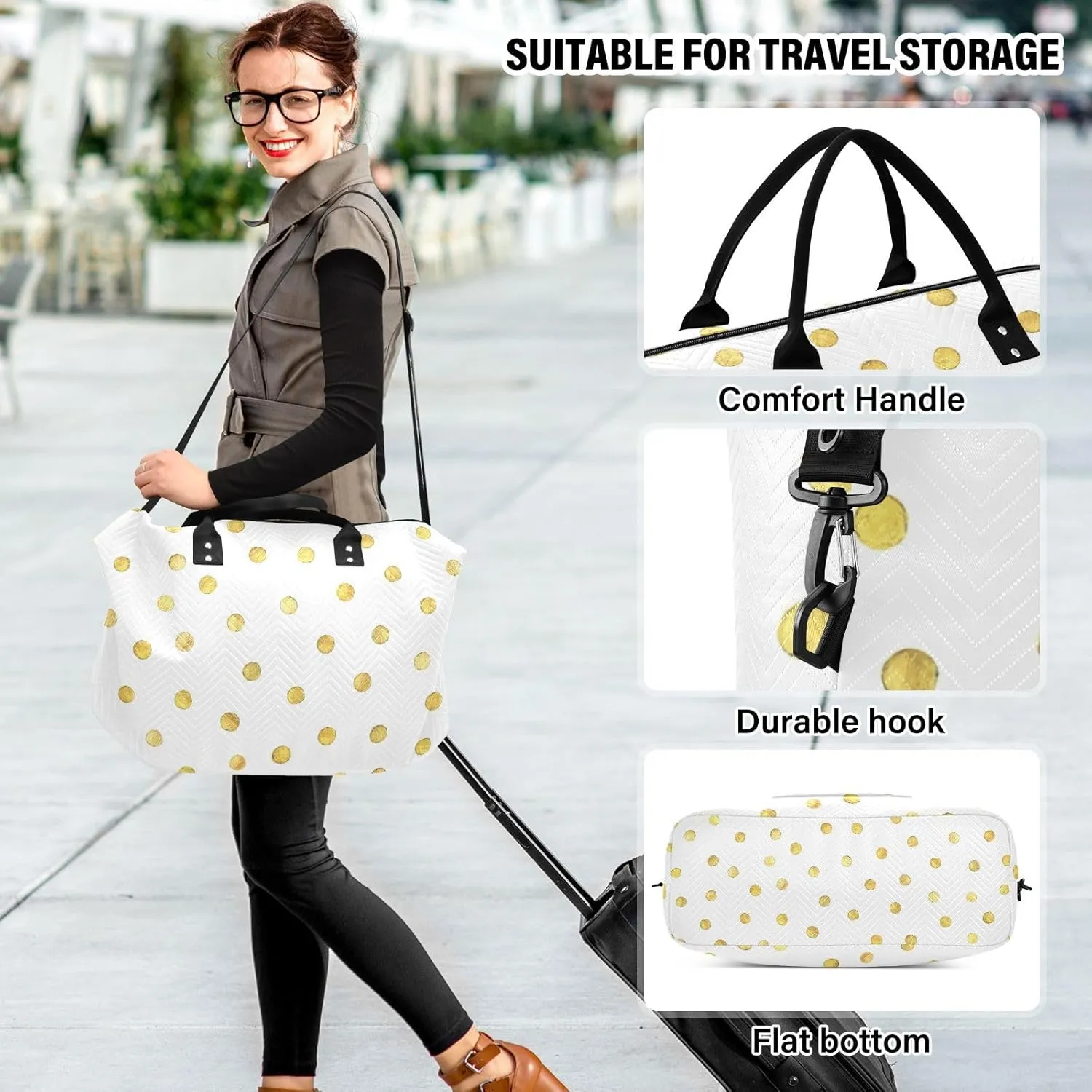 Aslsiy Travel Duffel Bags for Women Gold Dots Weekender Bags White Sports Duffel Bags Gym Bag with Toiletry Bag Carry on Overnight Bag