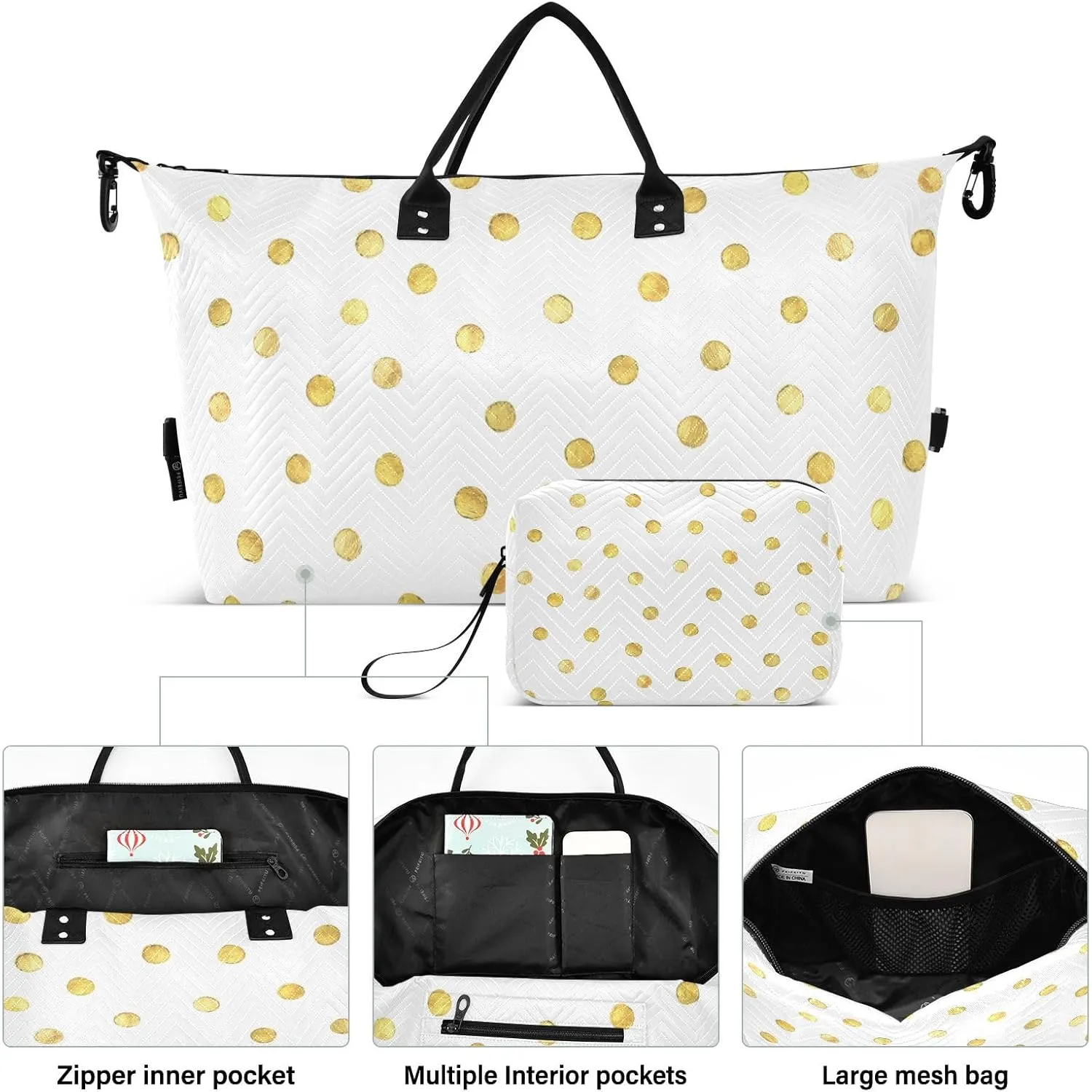 Aslsiy Travel Duffel Bags for Women Gold Dots Weekender Bags White Sports Duffel Bags Gym Bag with Toiletry Bag Carry on Overnight Bag