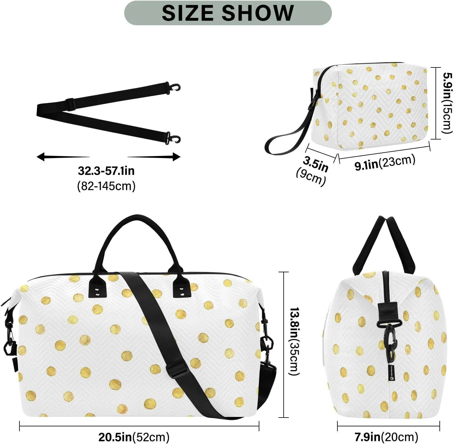 Aslsiy Travel Duffel Bags for Women Gold Dots Weekender Bags White Sports Duffel Bags Gym Bag with Toiletry Bag Carry on Overnight Bag