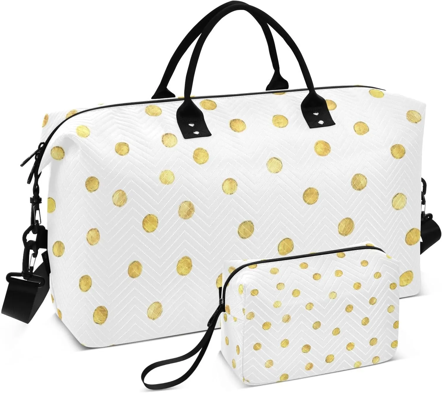 Aslsiy Travel Duffel Bags for Women Gold Dots Weekender Bags White Sports Duffel Bags Gym Bag with Toiletry Bag Carry on Overnight Bag