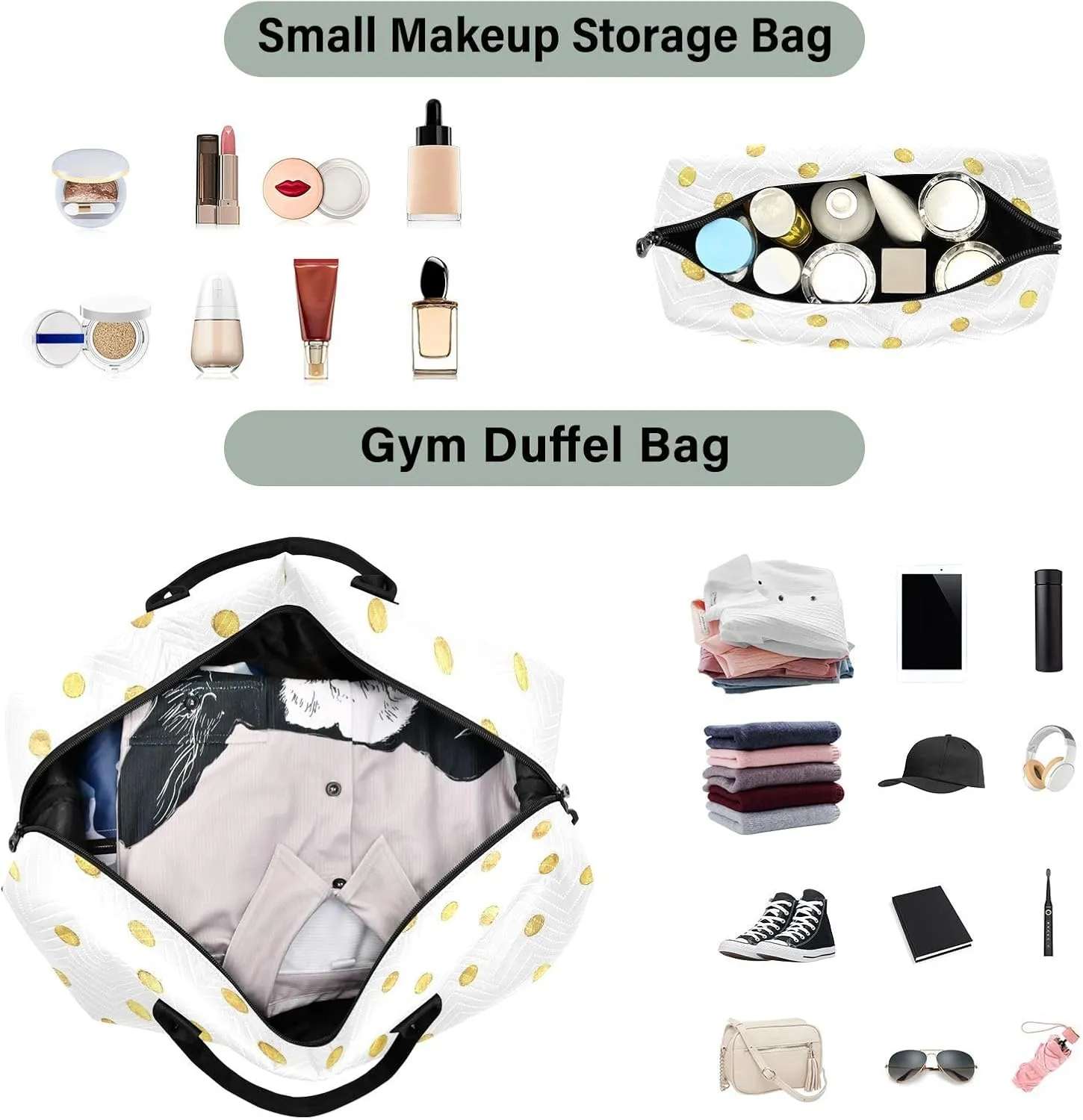 Aslsiy Travel Duffel Bags for Women Gold Dots Weekender Bags White Sports Duffel Bags Gym Bag with Toiletry Bag Carry on Overnight Bag