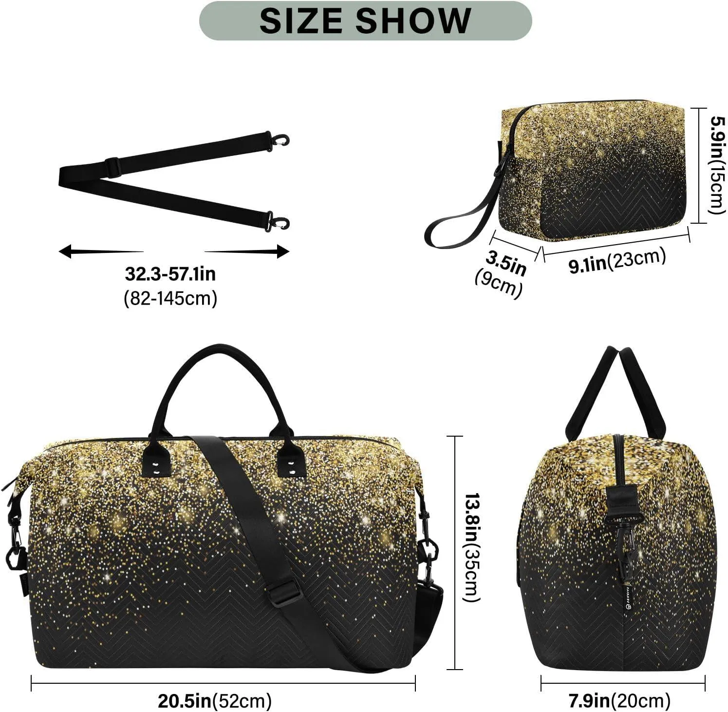 Aslsiy Travel Duffel Bags for Women Gold Shiny Sequins Black Weekender Bags Sports Duffel Bags Gym Bag with Toiletry Bag Carry on Overnight Bag