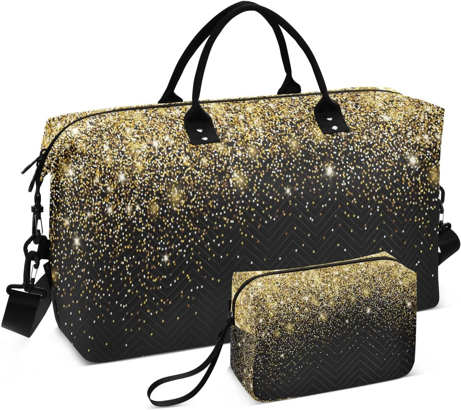 Aslsiy Travel Duffel Bags for Women Gold Shiny Sequins Black Weekender Bags Sports Duffel Bags Gym Bag with Toiletry Bag Carry on Overnight Bag