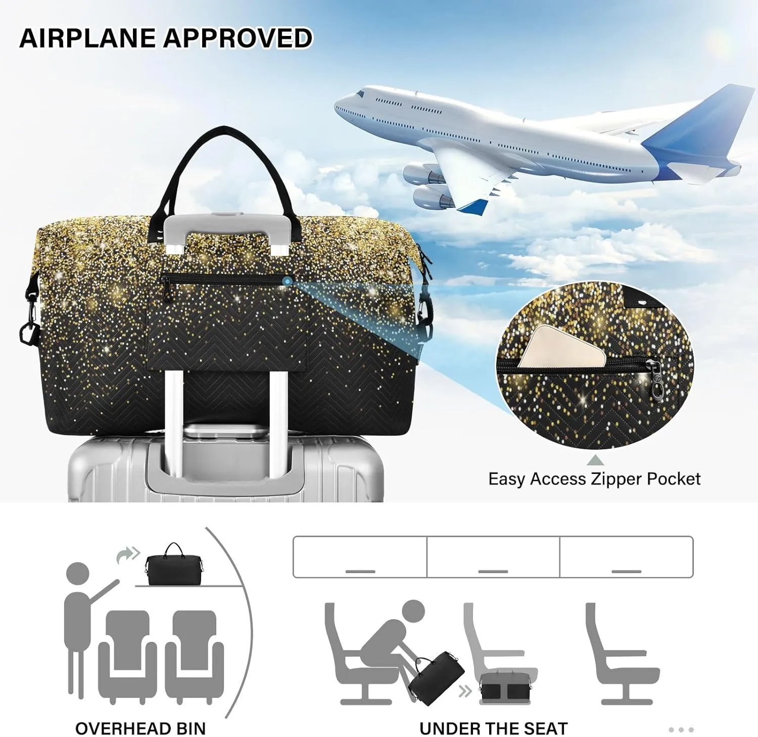 Aslsiy Travel Duffel Bags for Women Gold Shiny Sequins Black Weekender Bags Sports Duffel Bags Gym Bag with Toiletry Bag Carry on Overnight Bag