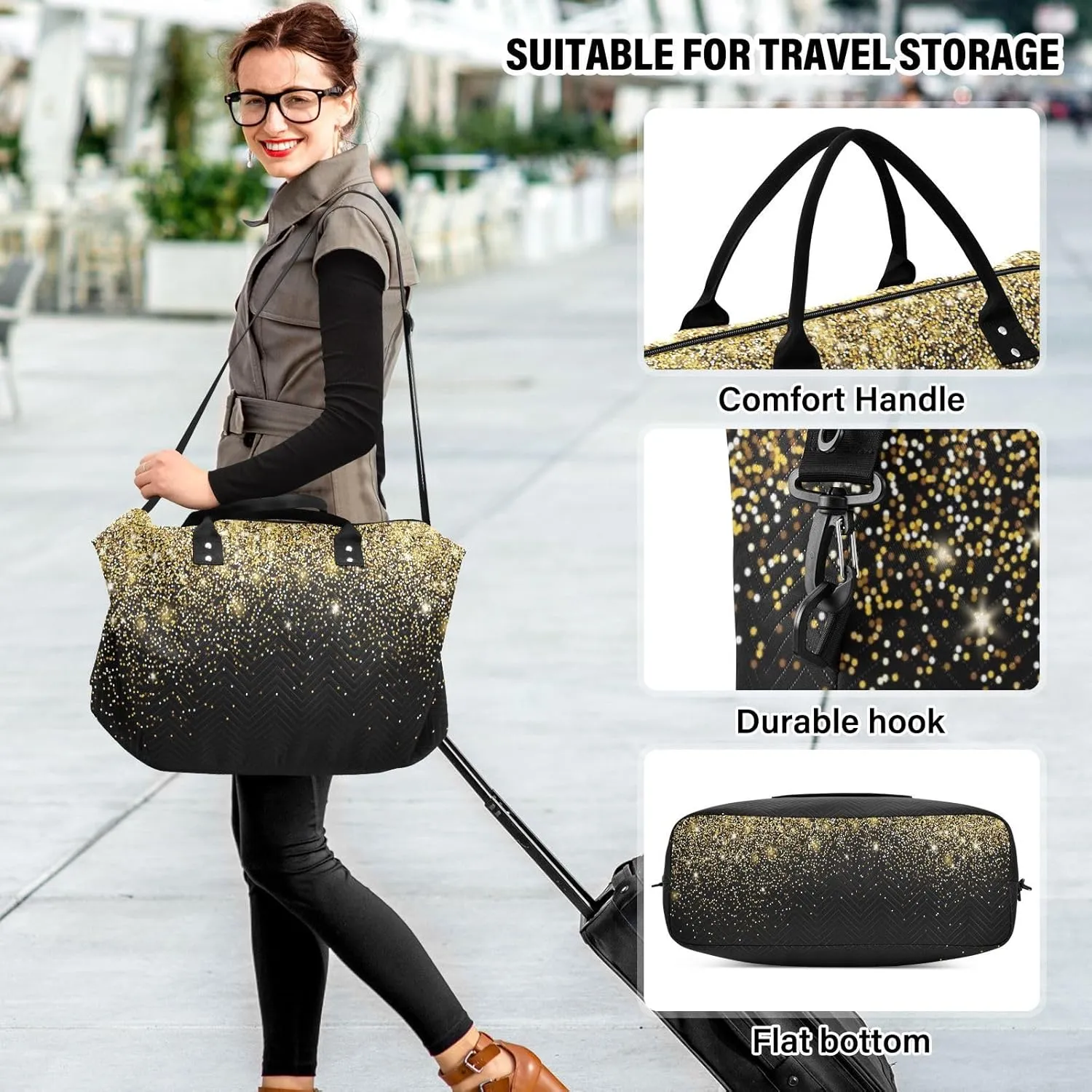 Aslsiy Travel Duffel Bags for Women Gold Shiny Sequins Black Weekender Bags Sports Duffel Bags Gym Bag with Toiletry Bag Carry on Overnight Bag