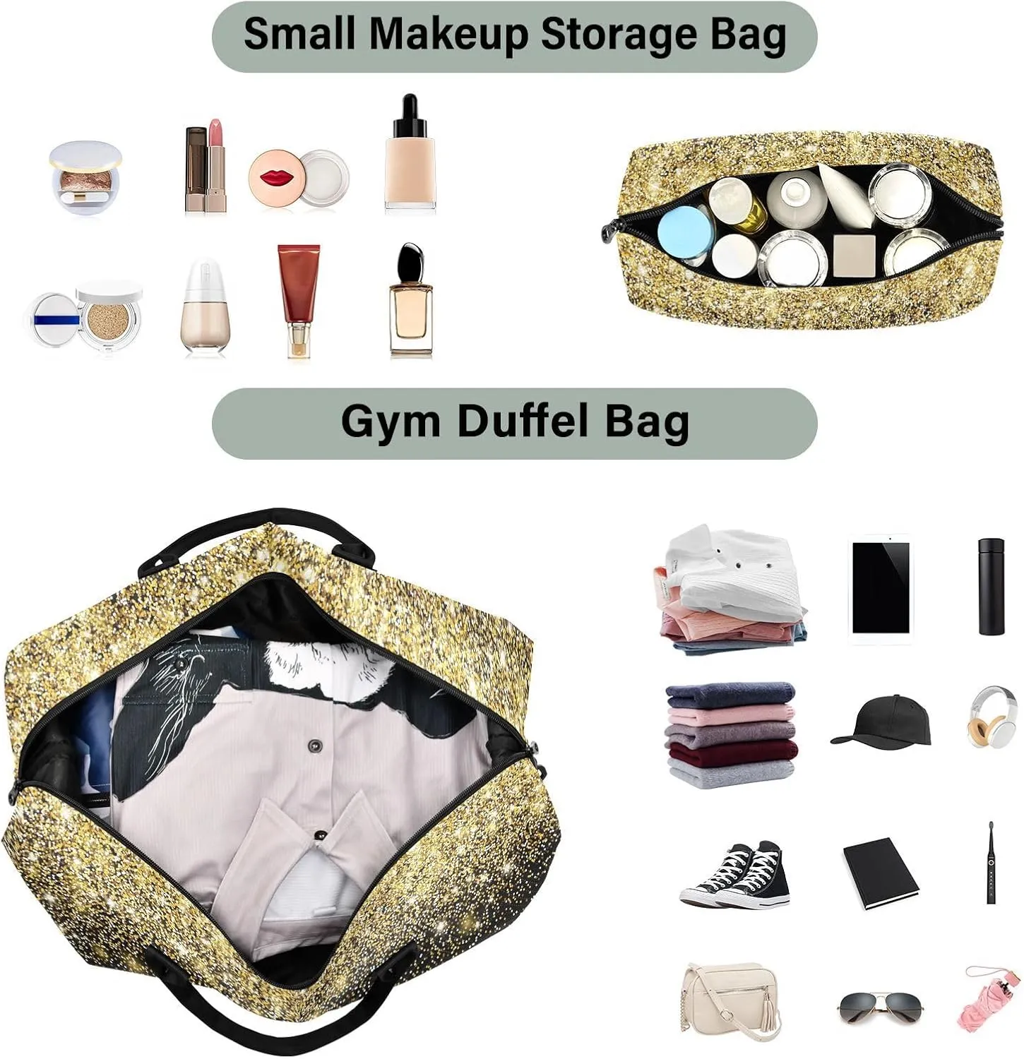 Aslsiy Travel Duffel Bags for Women Gold Shiny Sequins Black Weekender Bags Sports Duffel Bags Gym Bag with Toiletry Bag Carry on Overnight Bag