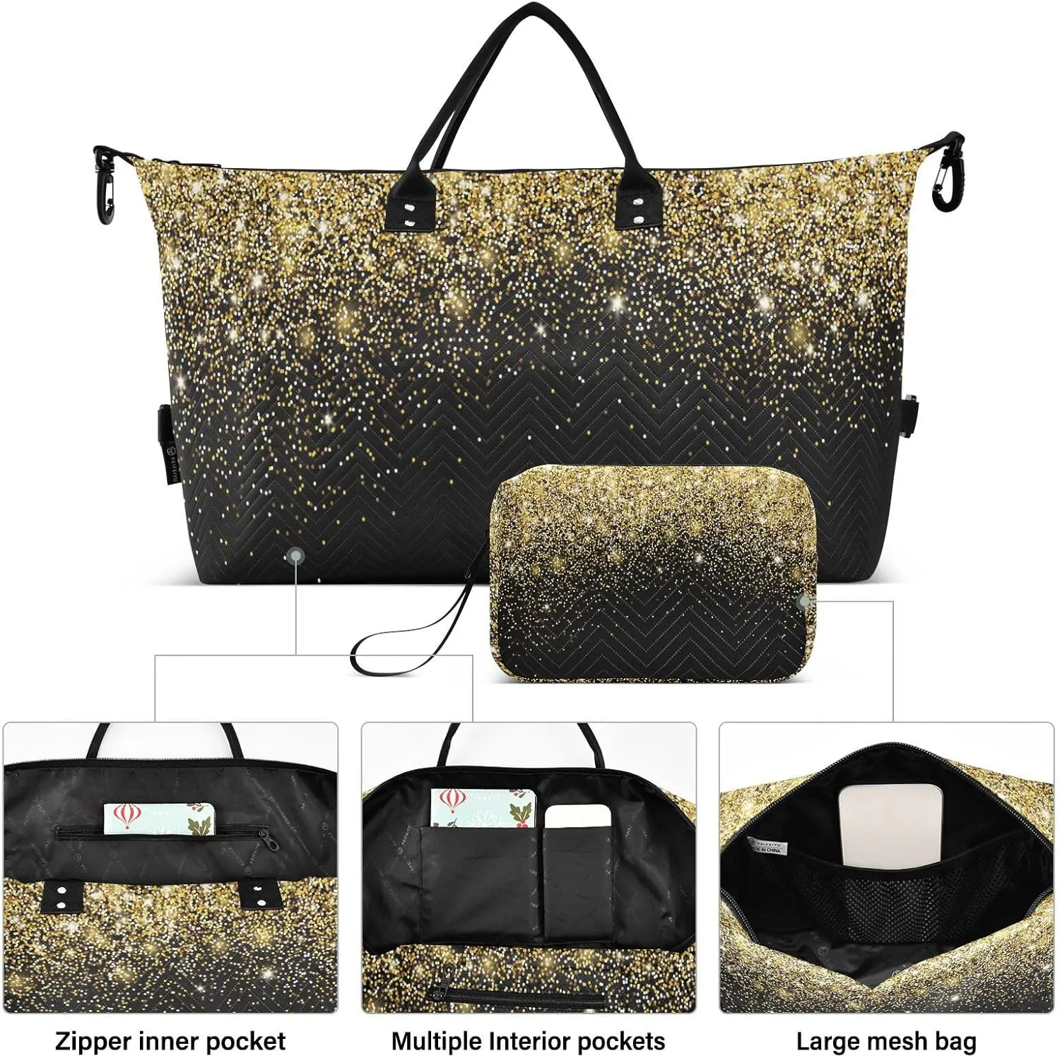Aslsiy Travel Duffel Bags for Women Gold Shiny Sequins Black Weekender Bags Sports Duffel Bags Gym Bag with Toiletry Bag Carry on Overnight Bag