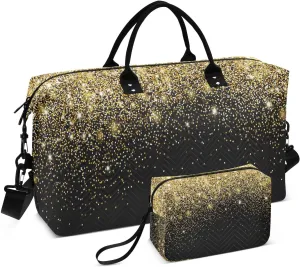 Aslsiy Travel Duffel Bags for Women Gold Shiny Sequins Black Weekender Bags Sports Duffel Bags Gym Bag with Toiletry Bag Carry on Overnight Bag