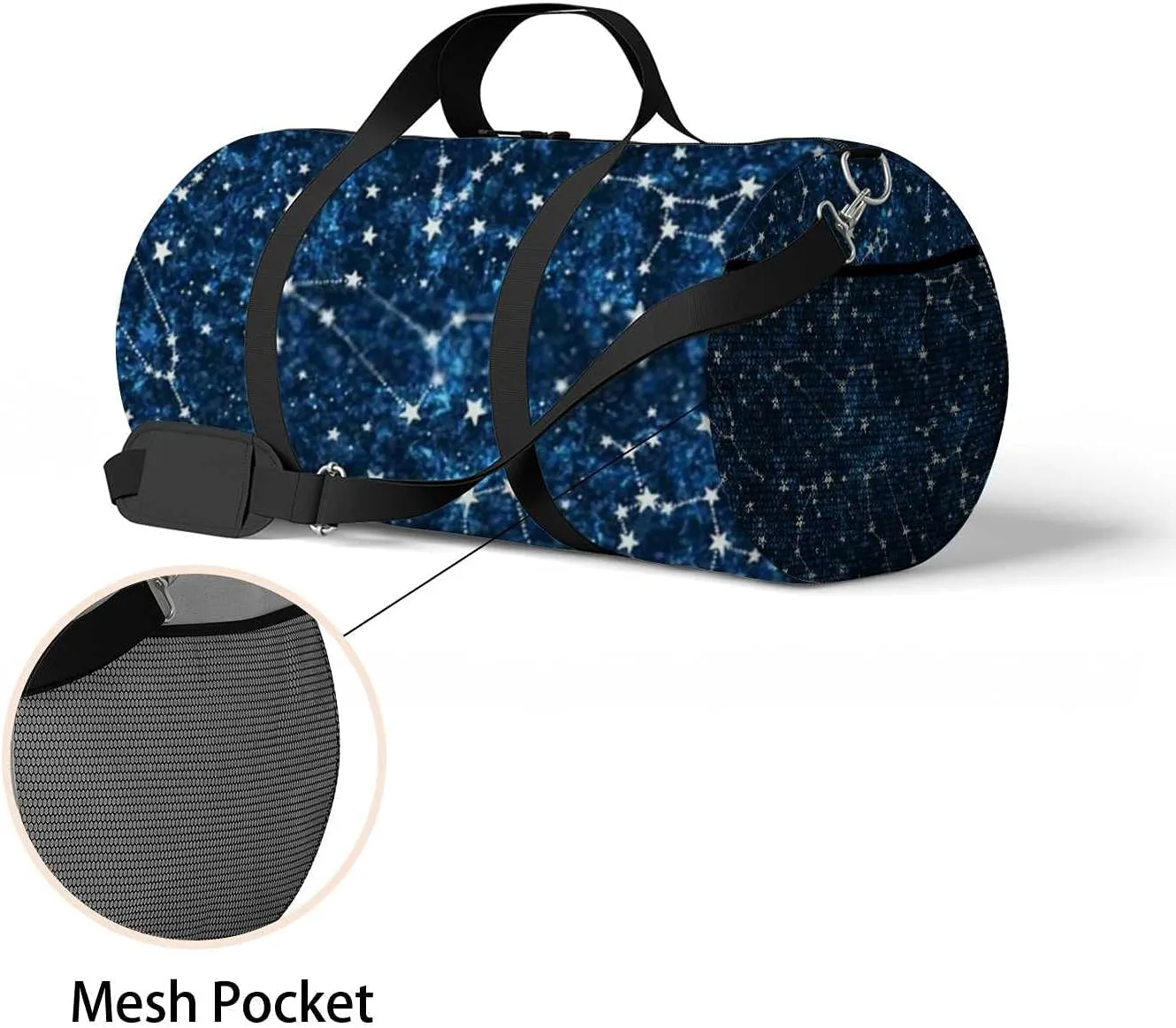 Astrology Constellations Stars Dark Blue Space Sports Duffel Bag Travel Gym Tote Bags Lightweight Durable Shoulder Strap Waterproof Polyester Outside Mesh Pocket Overnight Trip Duffel Bag for Women Men