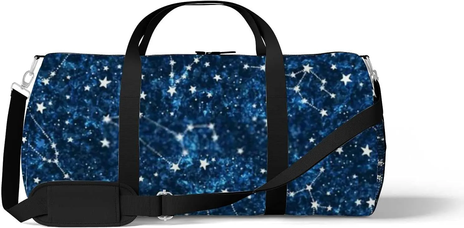 Astrology Constellations Stars Dark Blue Space Sports Duffel Bag Travel Gym Tote Bags Lightweight Durable Shoulder Strap Waterproof Polyester Outside Mesh Pocket Overnight Trip Duffel Bag for Women Men