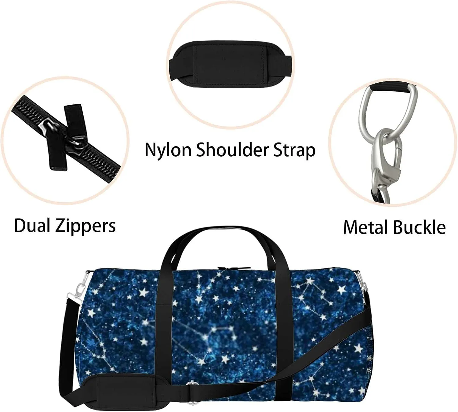 Astrology Constellations Stars Dark Blue Space Sports Duffel Bag Travel Gym Tote Bags Lightweight Durable Shoulder Strap Waterproof Polyester Outside Mesh Pocket Overnight Trip Duffel Bag for Women Men