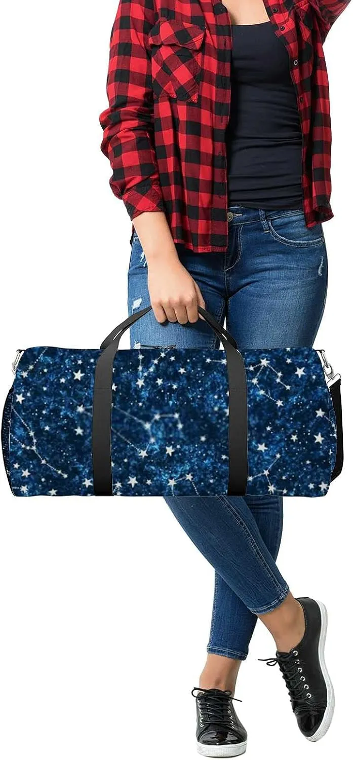 Astrology Constellations Stars Dark Blue Space Sports Duffel Bag Travel Gym Tote Bags Lightweight Durable Shoulder Strap Waterproof Polyester Outside Mesh Pocket Overnight Trip Duffel Bag for Women Men