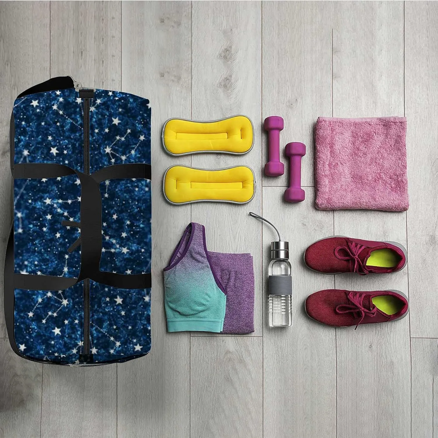 Astrology Constellations Stars Dark Blue Space Sports Duffel Bag Travel Gym Tote Bags Lightweight Durable Shoulder Strap Waterproof Polyester Outside Mesh Pocket Overnight Trip Duffel Bag for Women Men