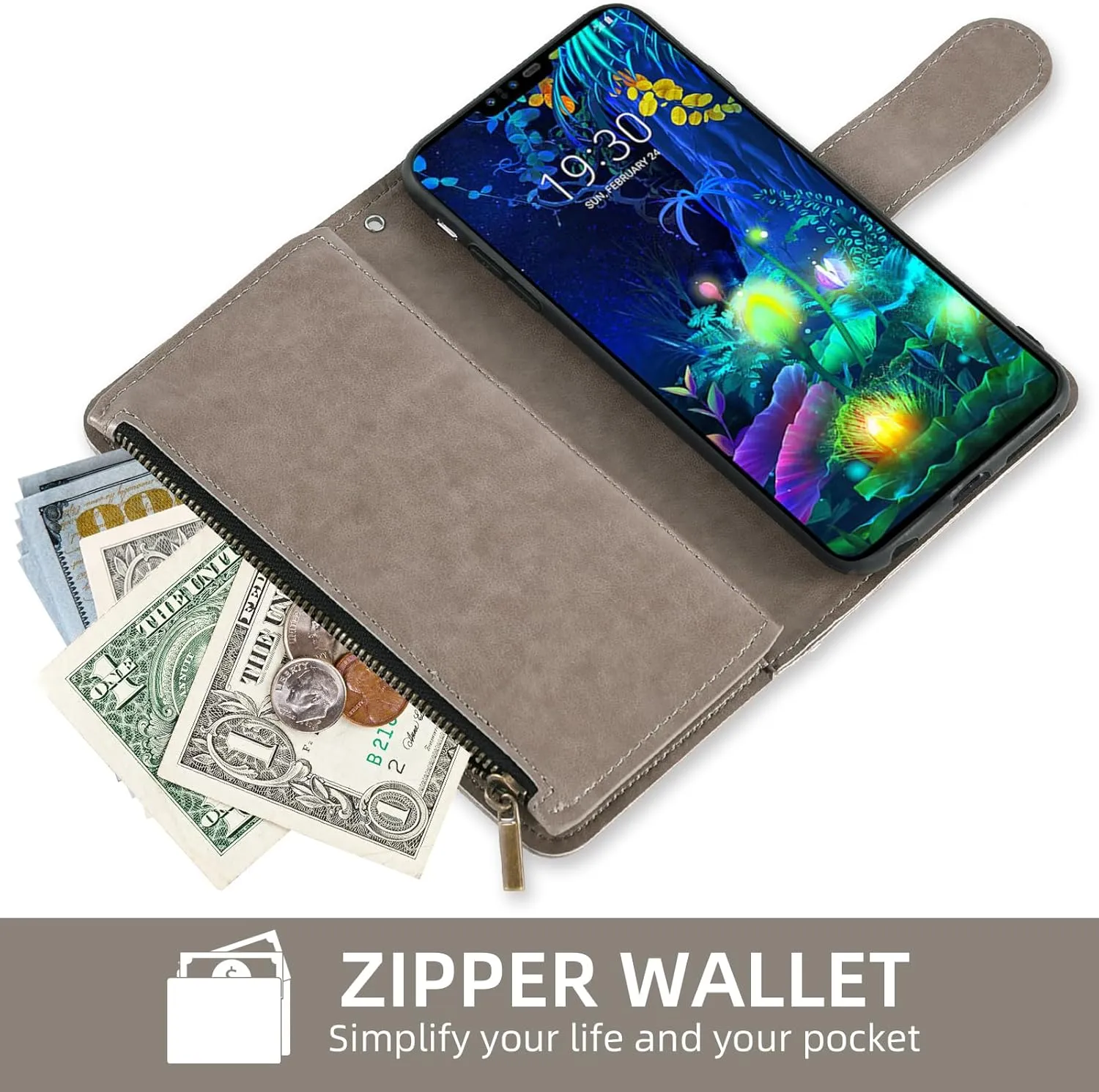 Asuwish Phone Case for LG V50 ThinQ Wallet Cell Cover with Screen Protector Lanyard Wrist Strap Mandala Flower Zipper Card Holder Slot Stand LGV50 5G V 50 Thin Q V50ThinQ 50ThinQ 50V Women Girls Gray
