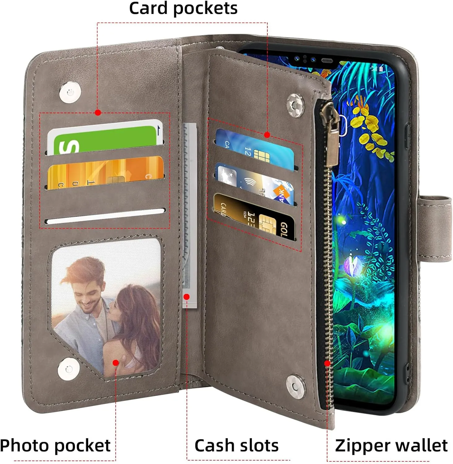 Asuwish Phone Case for LG V50 ThinQ Wallet Cell Cover with Screen Protector Lanyard Wrist Strap Mandala Flower Zipper Card Holder Slot Stand LGV50 5G V 50 Thin Q V50ThinQ 50ThinQ 50V Women Girls Gray