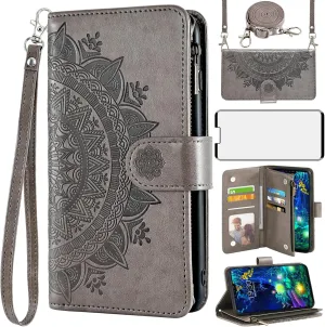 Asuwish Phone Case for LG V50 ThinQ Wallet Cell Cover with Screen Protector Lanyard Wrist Strap Mandala Flower Zipper Card Holder Slot Stand LGV50 5G V 50 Thin Q V50ThinQ 50ThinQ 50V Women Girls Gray