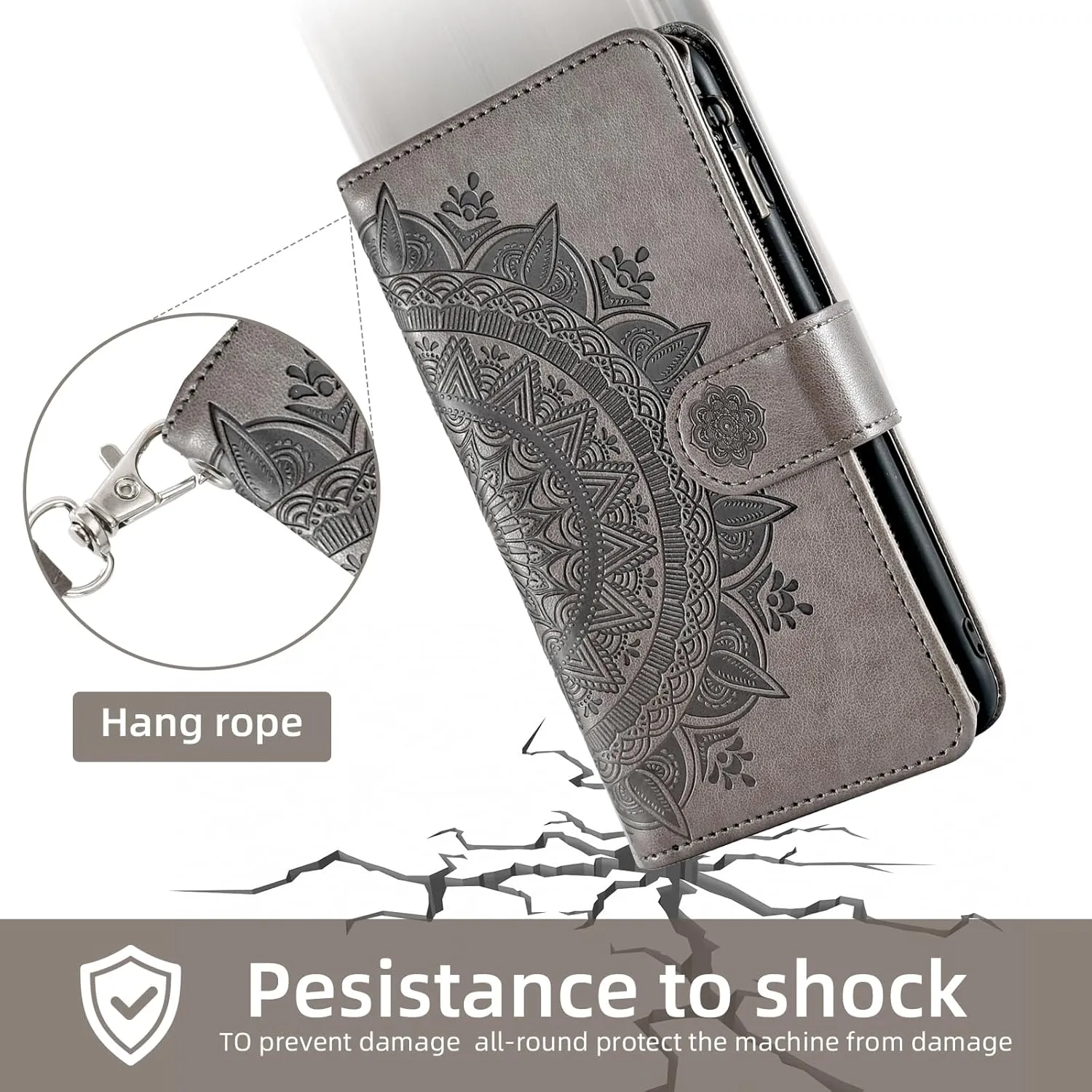 Asuwish Phone Case for LG V50 ThinQ Wallet Cell Cover with Screen Protector Lanyard Wrist Strap Mandala Flower Zipper Card Holder Slot Stand LGV50 5G V 50 Thin Q V50ThinQ 50ThinQ 50V Women Girls Gray