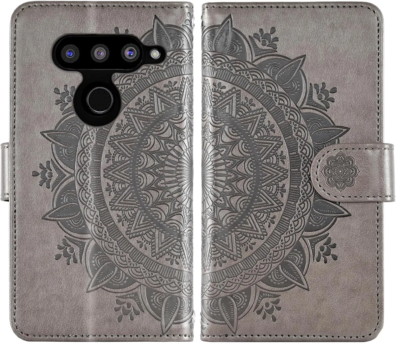 Asuwish Phone Case for LG V50 ThinQ Wallet Cell Cover with Screen Protector Lanyard Wrist Strap Mandala Flower Zipper Card Holder Slot Stand LGV50 5G V 50 Thin Q V50ThinQ 50ThinQ 50V Women Girls Gray