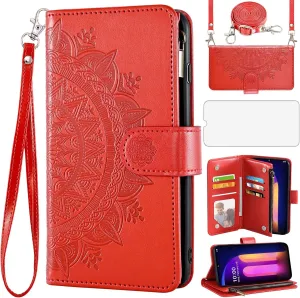 Asuwish Phone Case for LG V60 ThinQ V60ThinQ 5G G9 Thin Q Wallet Cell Cover with Screen Protector Lanyard Wrist Strap Mandala Flower Zipper Card Holder Stand LGV60 V 60 60ThinQ 60V Women Girls Red
