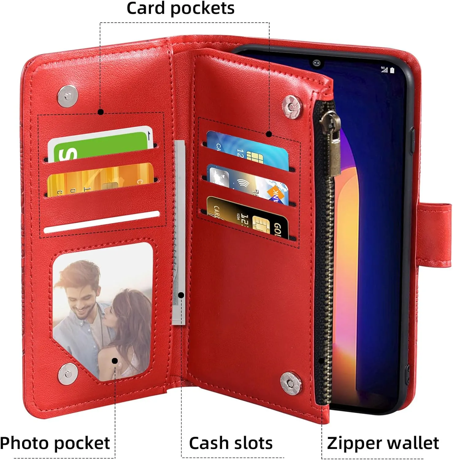 Asuwish Phone Case for LG V60 ThinQ V60ThinQ 5G G9 Thin Q Wallet Cell Cover with Screen Protector Lanyard Wrist Strap Mandala Flower Zipper Card Holder Stand LGV60 V 60 60ThinQ 60V Women Girls Red
